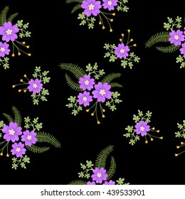 Seamless ditsy. Floral pattern. Flowers background. Vector illustration. Purple flowers on a black background.