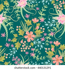 Seamless ditsy. Floral pattern. Flowers background. Vector illustration. Multicolored flowers on green background.