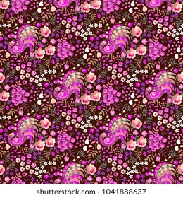 Seamless ditsy floral pattern in folk russian style. Fantasy birds with tails in shape of bunch of flowers, little hearts, petals, tulip and roses on brown background. Beautiful vector illustration.
