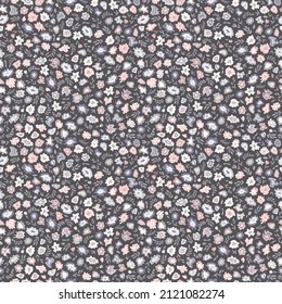 Seamless ditsy floral pattern in gray and pink. All over abstract botanical print.