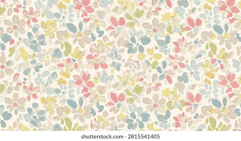 Seamless ditsy floral pattern with hand-drawn sketchy flowers in pastel pink, muted blue, and soft yellow on cream background. Artistic minimalist botanical illustration for textile and wallpaper.