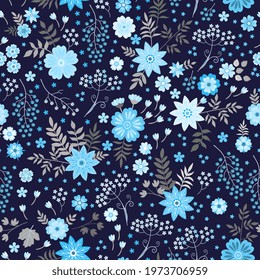 Seamless ditsy floral pattern with light blue flowers and berries. Beautiful template for fashion prints in vector.