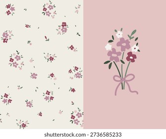 Seamless Ditsy Floral Pattern with Minimal Bouquet, Feminine Pastel Flower Vector. Delicate scattered blossoms in soft pink tones, paired with a minimalist hand-drawn bouquet tied with a ribbon. This feminine vector design is ideal for fabric, wallpaper, stationery, packaging, baby products, and romantic branding. Light, modern, and versatile, it brings a gentle botanical touch to both print and digital projects.