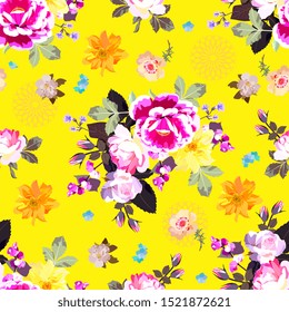 Seamless ditsy floral pattern on lemon yellow background. Print for fabric.