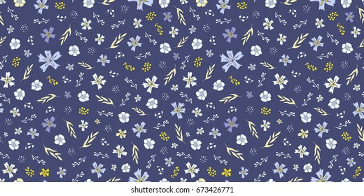 Seamless ditsy floral pattern in palette of shades of blue and yellow. All over millefleurs background for clothing fabric prints, bedding, gift wrap and stationery. 