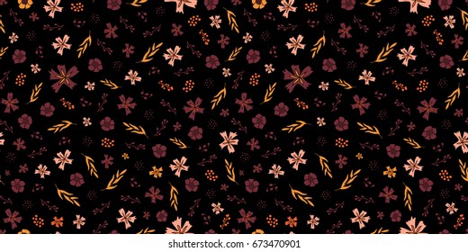 Seamless ditsy floral pattern in palette of black, maroon, pale pink, yellow and orange. All over millefleurs background for clothing fabric prints, bedding, gift wrap and stationery. 