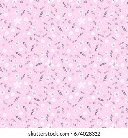 Seamless ditsy floral pattern in pink, dusty grayish green and white. All over summer millefleurs background for clothing fabric prints, home textile, gift wrap and stationery. 