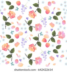Seamless ditsy floral pattern with rose, bell flowers and Forget-me-not  isolated on white background.