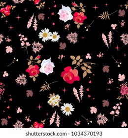 Seamless ditsy floral pattern with roses, daisies and bell flowers and silhouettes of leaves on night sky background. Vector summer design. Print for fabric.