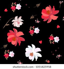 Seamless ditsy floral pattern with roses and cosmos flowers, hearts and stars isolated on black background in vector. Print for fabric, wedding invitation, wrapping design.
