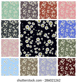 Seamless ditsy floral pattern set with camomiles. Vector EPS8 illustration. 