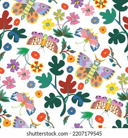 Seamless ditsy floral pattern with trendly plants and butterflies on white background. Vector illustration
