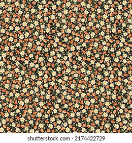 Seamless Ditsy Floral Pattern, Yellow Small Daisy Flower, Orange Small Flower Buds, Black Color Background