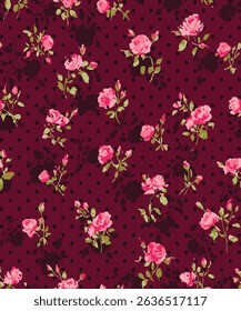 Seamless ditsy floral patterns set featuring small-scale vintage rose motifs and polka dots. Perfect for textile design, fabric prints, fashion projects, and digital backgrounds. Includes multiple col