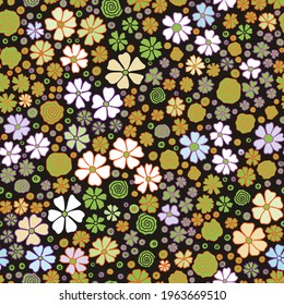 Seamless ditsy floral print with small flowers, branches and leaves. Vector doodle pattern. Yellow, orange, green, gold colors background. Seamless patern illustration texture