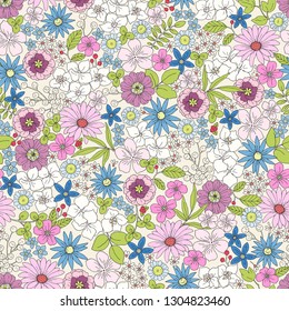 Seamless ditsy floral print with smalle flowers, branches and leaves. Vector doodle pattern pink, purple, blue and green colors, illustration in vintage style.