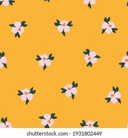 Seamless ditsy flower vector pattern. Delicate pink small scattered flowers on an orange yellow background. Cute romantic Folk art flowers for fabric, nursery, home decor, wallpaper, spring decor.