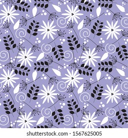 Seamless ditsy flowers and leaves on purple a background