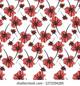 Seamless ditsy pattern in coral rose and ranunculus. Liberty style millefleurs. Floral background for textile, wallpaper, pattern fills, covers, surface, print, wrap, scrapbooking.