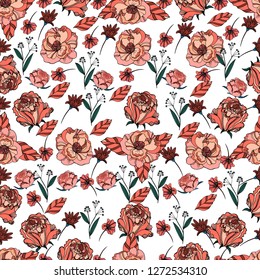 Seamless ditsy pattern in coral rose and ranunculus. Liberty style millefleurs. Floral background for textile, wallpaper, pattern fills, covers, surface, print, wrap, scrapbooking.