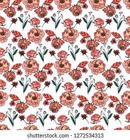 Seamless ditsy pattern in coral rose and ranunculus. Liberty style millefleurs. Floral background for textile, wallpaper, pattern fills, covers, surface, print, wrap, scrapbooking.