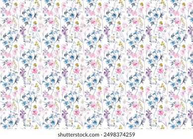 Seamless ditsy pattern with little, charming wild flowers. The bouquets are delicate. Liberty style millefleurs. Floral background for textiles, wallpaper, pattern fills, covers, surfaces, prints, 