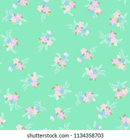 Seamless ditsy pattern in small cute flowers. Delicate bouquets. Shabby chic millefleurs. Floral background for textile, wallpaper, covers, surface, print, wrap. Baby colors.