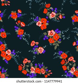 Seamless ditsy pattern in small cute wild flowers. Simple bouquets. Liberty style millefleurs. Floral background for textile, wallpaper, pattern fills, covers, surface, print, wrap, scrapbooking