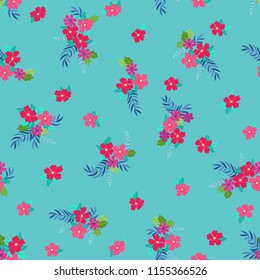 Seamless ditsy pattern in small cute wild flowers. Simple bouquets. Liberty style millefleurs. Floral background for textile, wallpaper, pattern fills, covers, surface, print, wrap, scrapbooking