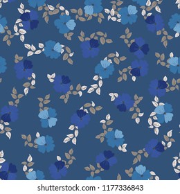 Seamless ditsy pattern in small cute wild flowers. Simple bouquets. Liberty style millefleurs. Floral background for textile, wallpaper, pattern fills, covers, surface, print, wrap, scrapbooking