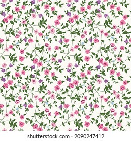 Seamless ditsy pattern in small cute wild simple flowers. Liberty style millefleurs. Floral background for textile, wallpaper, pattern fills, covers, surface, print, wrap, scrapbooking