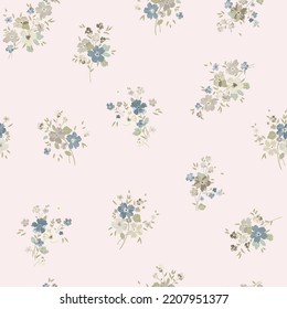 Seamless ditsy pattern in small cute wild flowers. Simple bouquets. Liberty style millefleurs. Floral background for textile, wallpaper, pattern fills, covers, surface, print, wrap, scrapbooking