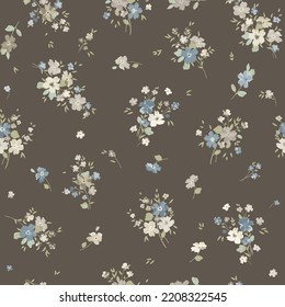 Seamless ditsy pattern in small cute wild flowers. Simple bouquets. Liberty style millefleurs. Floral background for textile, wallpaper, pattern fills, covers, surface, print, wrap, scrapbooking