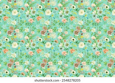 Seamless ditsy pattern in small cute wild flowers. Delicate bouquets. Liberty style millefleurs. 