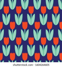 Seamless ditsy spring pattern with cute flowers tulips. Vector.