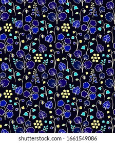 Seamless ditsy vector floral pattern, on  dark  background
