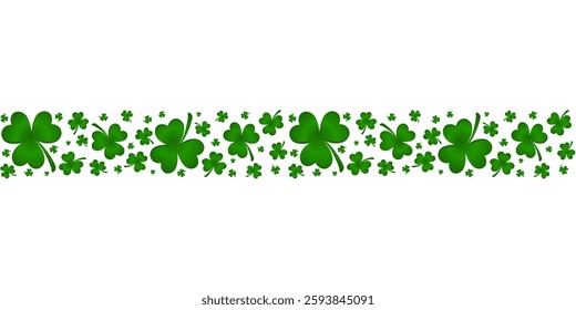 Seamless divider strip of green clover leaves. Perfect for St. Patrick's Day designs and holiday decorations. High resolution, easy to use, and ideal for digital and print projects. Vector