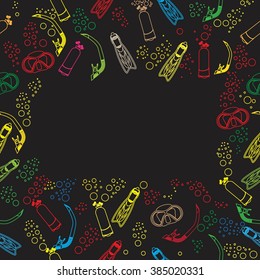 Seamless diving background pattern. Background for greeting or presentation card, flyer and brochure. Diving mask, diving tube, snorkeling. Scuba Fins or Swimming flippers. Scuba diving air tanks.