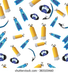 Seamless  diving background  pattern.  Diving mask, diving tube, swimming equipment, snorkeling. Snorkeling or Scuba Fins or Swimming flippers. Scuba diving air tanks. Vector illustration