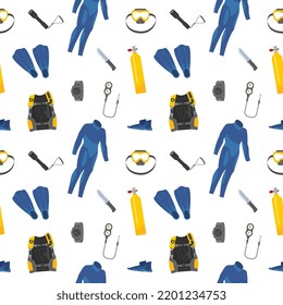 Seamless diving topic pattern with equipment for scuba diving and aqulanguist color icons or symbols, cartoon vector illustration isolated on white background.
