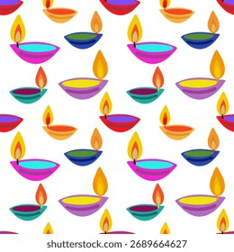 Diwali Deepavali Patrón Fondo blanco Lámparas coloridas del aceite de Diya Celebración tradicional del festival hindú Ilustración vectorial plana abstracta