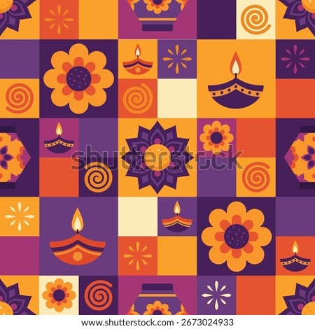Seamless Diwali pattern with diyas, rangoli flowers, jalebi, and festive ornaments in orange, purple, and yellow. Ideal for wrapping paper, textiles, wallpapers, and holiday celebration designs