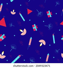Seamless Diwali Theme Pattern Background In Blue Color.