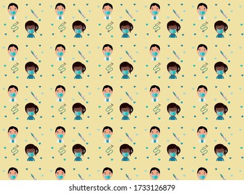 Seamless Doctor with face mask and medical objects vector pattern on yellow background. Medicine and healthy isolated elements
