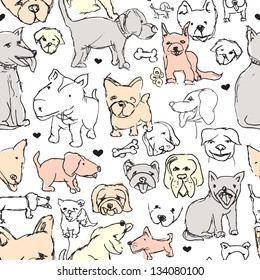 Seamless dog breeds illustration sketch hand drawn background pattern in vector