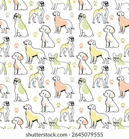 Patrón de dibujo de perro sin costuras con Elementos de fondo de colores. Patrón de Vector de perro dibujado a mano con huesos y huellas de pata