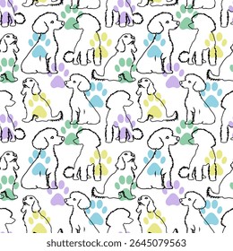 Seamless Dog Drawing Pattern with Colorful Background Elements. Hand Drawn Dog Vector Pattern with Bones and Paw Prints