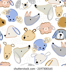 Seamless dog face pattern. Hand drawn cute dogs texture. Vector illustration