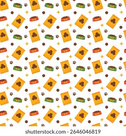 Seamless dog food pattern with bowl and paw. Pet feed print with footprint and meal