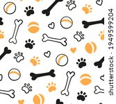 Seamless dog pattern with bones, paw prints, balls and hearts. Dog texture. Hand drawn vector illustration in doodle style on white background